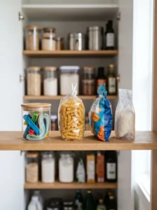 Pantry reseal station with clips for keeping opened food bags fresh