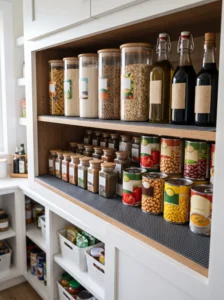 Non-slip pantry shelf liner keeping jars and cans securely organized