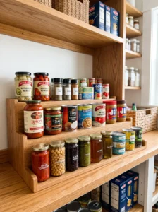 Tiered riser shelving for cans and jars in a pantry