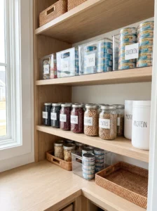 Grab-and-go pantry shelf with canned proteins, beans and protein powder