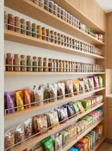 Angled shelving for easy pantry item visibility