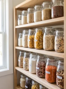 Clear uniform containers organizing dry goods in a pantry