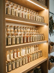 Spice jars neatly organized by category in a pantry
