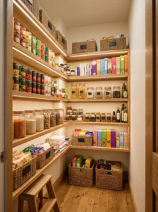 L-shaped shelving wrapping around the corner of a narrow pantry