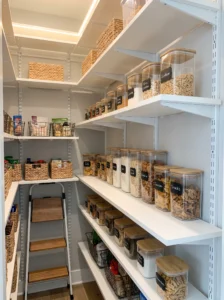 Walk-in pantry featuring adjustable shelving system with flexible organized storage.