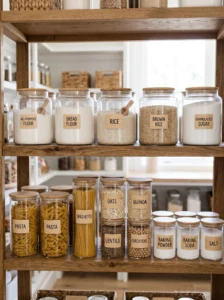 Bulk bin shelving with clear containers for pantry staples