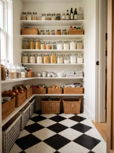 Small pantry with a classic black and white checkerboard floor