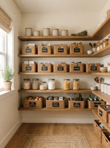 Open wall shelving with labeled bins for pantry organization