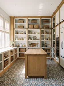 Stylish walk-in pantry with patterned tile flooring, wooden shelves, and modern storage design.