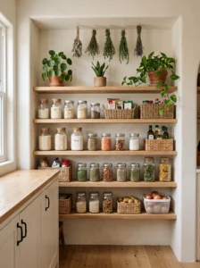 Small pantry with subtle indoor plant and dried herb accents