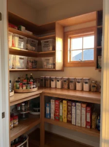 Seasonal pantry items stored in labeled bins on higher shelves
