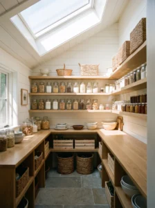 Walk-in pantry with skylight bringing natural light onto organized wooden shelves.