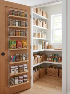 Door-mounted pantry rack storing spices and small packets