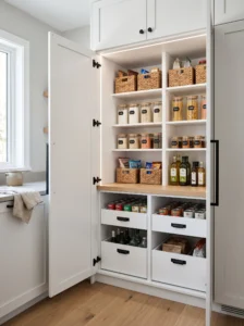 Small pantry with modern matte black hardware and white cabinets