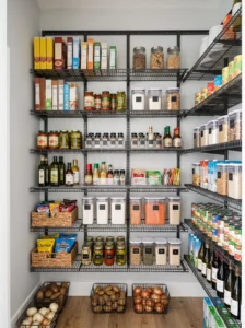Adjustable wire shelving system for a ventilated pantry