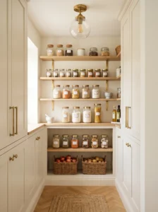 Small white pantry with elegant brushed brass accents