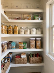 Labeled pantry containers creating an organized small kitchen storage system