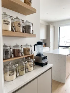 Organized pantry smoothie station with protein powder, oats and seeds