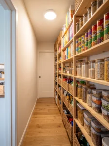 Single-wall shelving in a narrow walk-in pantry with a clear center walkway