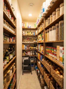 Floor-to-ceiling shelving maximizing vertical storage in a narrow pantry