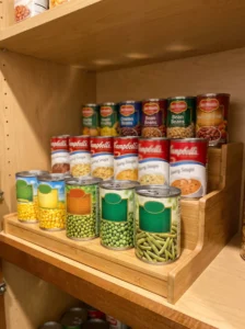 Tiered shelf risers keeping canned goods visible and organized