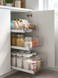 Clear stackable drawers organizing a deep kitchen cabinet