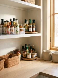 Organized pantry sauce and condiment station with bottles and turntable
