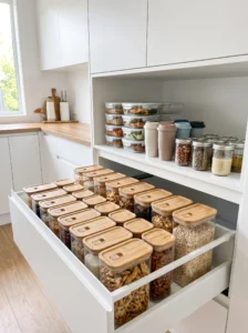 Pantry zone with small portion-control containers for meal prep