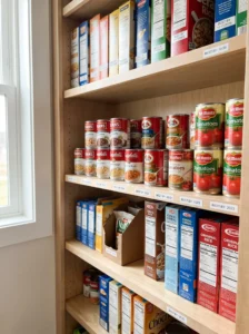 Pantry shelves organized with first-in first-out food rotation