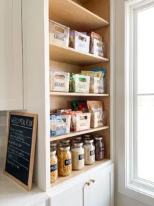 Weekly meal plan pantry shelf with staged ingredients and labeled bins