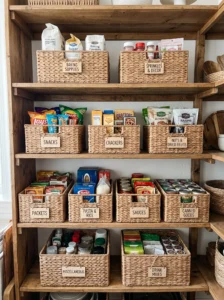 Shelf-top basket zones for organized pantry storage