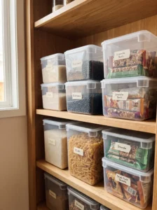 Stackable bins organizing bulk pantry food items