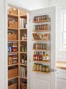 Door-back organizer for spices and small jars in a pantry