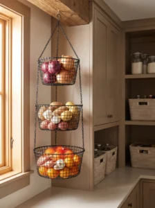 Hanging wire baskets storing onions, potatoes, and garlic in a pantry