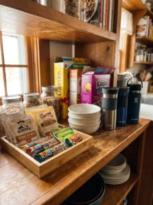 Grab-and-go breakfast station organized inside a pantry