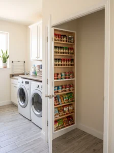 Hidden pantry cabinet behind a laundry room entry door