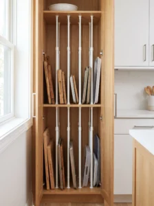Tension rod divider organizing baking sheets and cutting boards