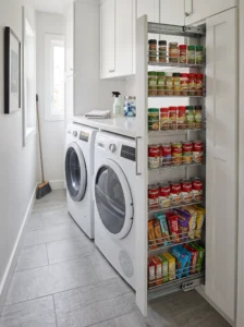 Slim pull-out pantry cabinet beside a laundry room dryer