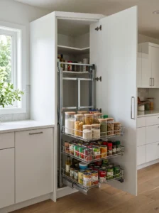 Corner pantry cabinet with pull-down shelves for easy-access kitchen storage