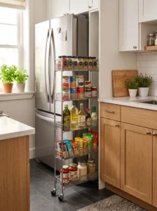 Slim rolling pantry cart using the narrow gap beside a refrigerator