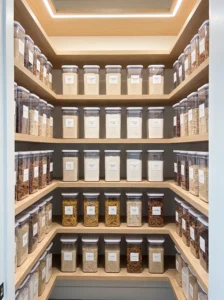 Clear stackable bins for bulk and loose pantry items