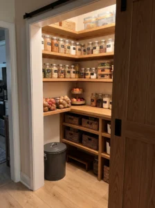 Small trash or compost bin inside a converted pantry