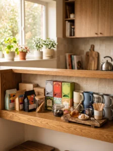 Organized pantry coffee and tea nook with daily drink supplies