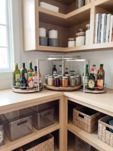 Corner lazy Susan making deep pantry storage easier to access