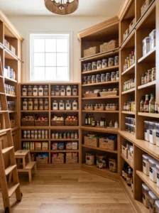 Corner diagonal shelving that maximizes walk-in pantry space