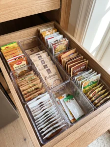 Clear drawer organizers keeping pantry packets and pouches sorted
