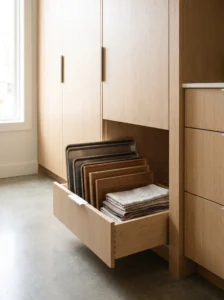 Toe-kick drawer providing hidden pantry storage for flat items