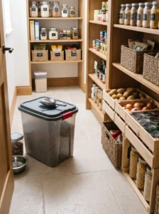 Sealed pantry pet food bin with dedicated storage scoop