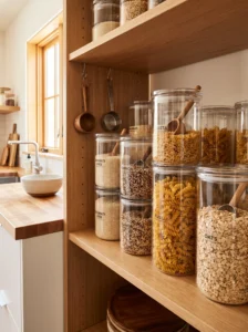 Organized pantry grain and starch station with labeled containers