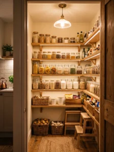 Small pantry with warm layered ambient lighting